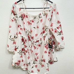 Hint of Blush - Large, Pink Floral print on White blouse - NEW